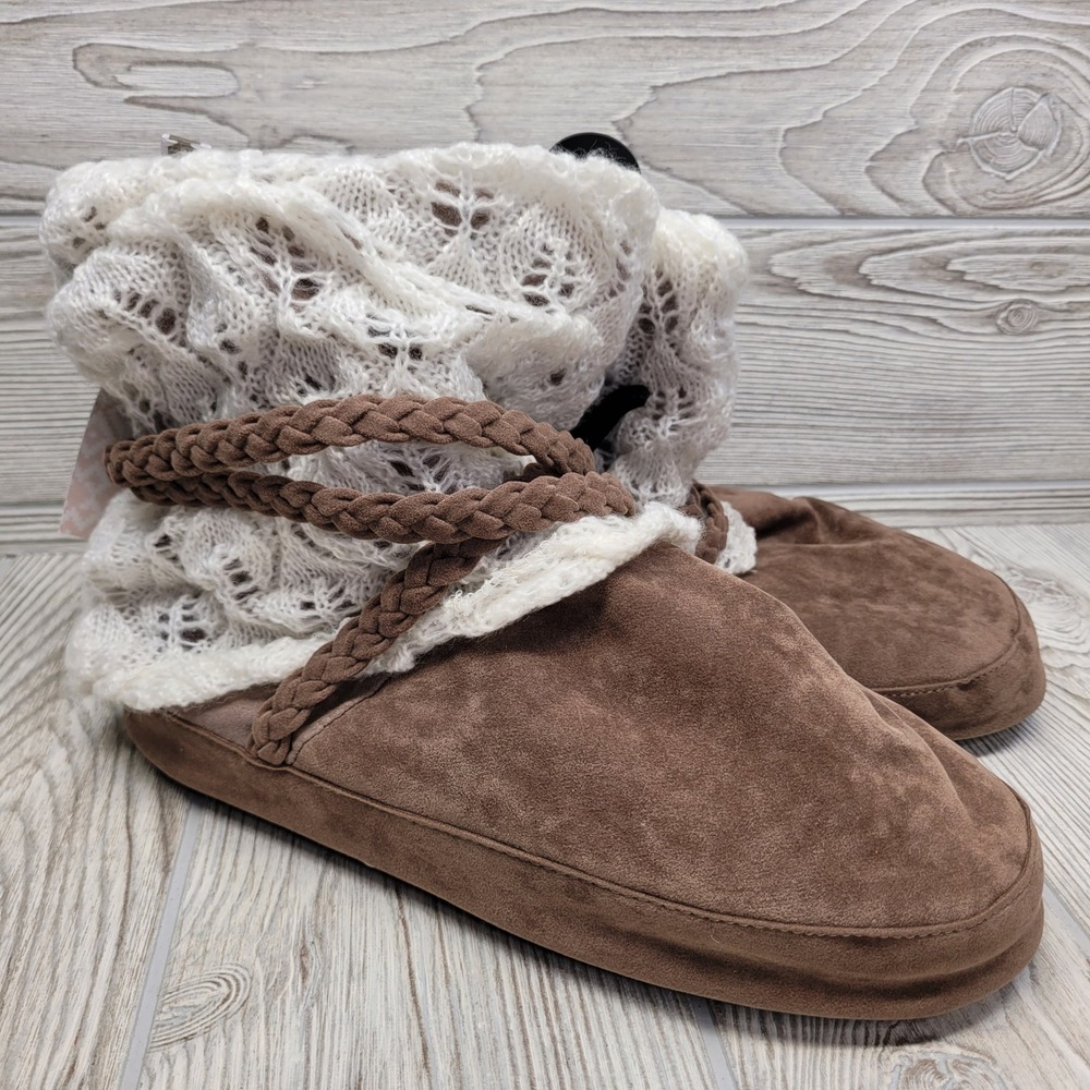 Muk Luks Womens Knit Cuff Cabin Slippers‎ Brown Cozy Indoor Shoes Size Large